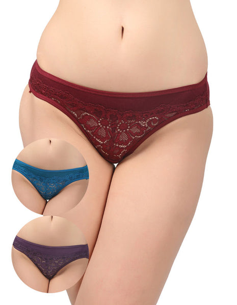 Bodycare Pack of 3 Bikini Style Cotton Briefs in Assorted colors with Lacy Crotch-E1462