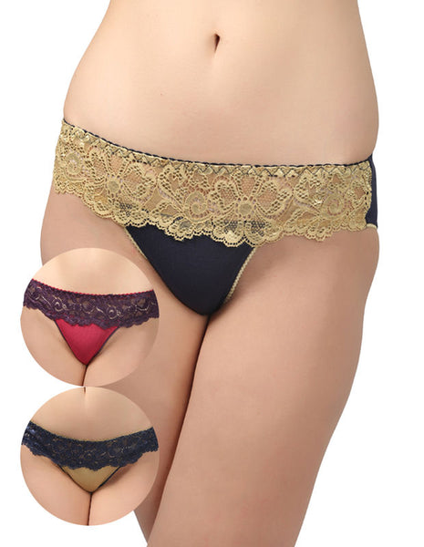 Bodycare Pack of 3 Bikini Style Cotton Briefs in Assorted Colors with broad Lace waist Band-E1460