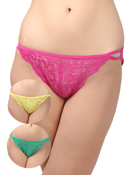 Bodycare Pack of 3 Bikini Style Cotton Briefs in Assorted colors with Lacy Crotch-E1456