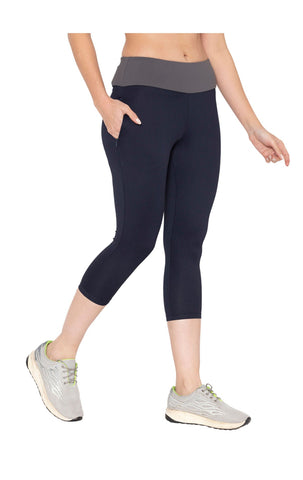 Bodyactive Women's High Waisted Yoga Capris with Pockets, Non See Through Workout Sports Running Capri, Tummy Control-LC09-NAV