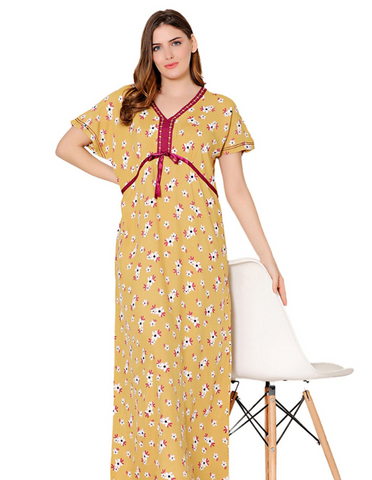 Bodycare Womens Rayon V Neck Floral Print Long Night Dress-BSN1009C