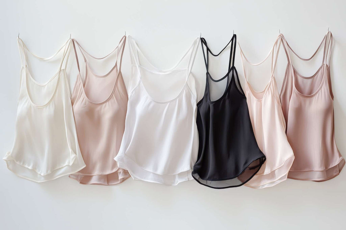 Stylish camisoles for women in various colors, displayed on a wall