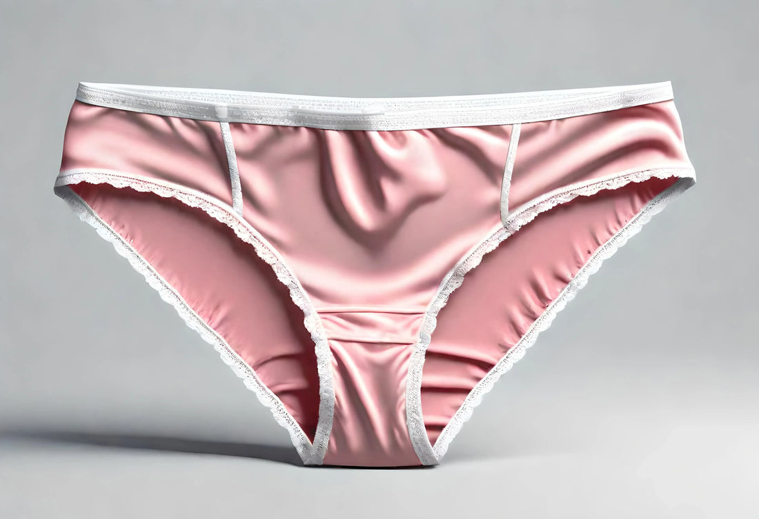 Pink hipster panties with lace trim and white waistband