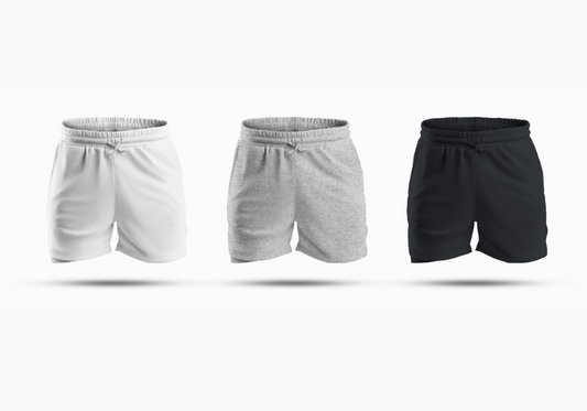 Men's running shorts in white, gray, and black colors