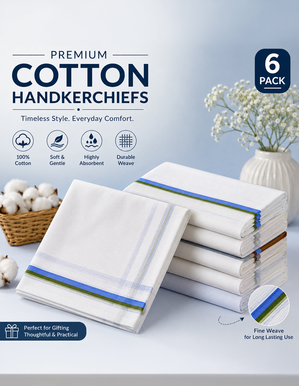BodyX Cotton Handkerchief Collection: Assorted Print & Color Pack of 6 (BXH-01)
