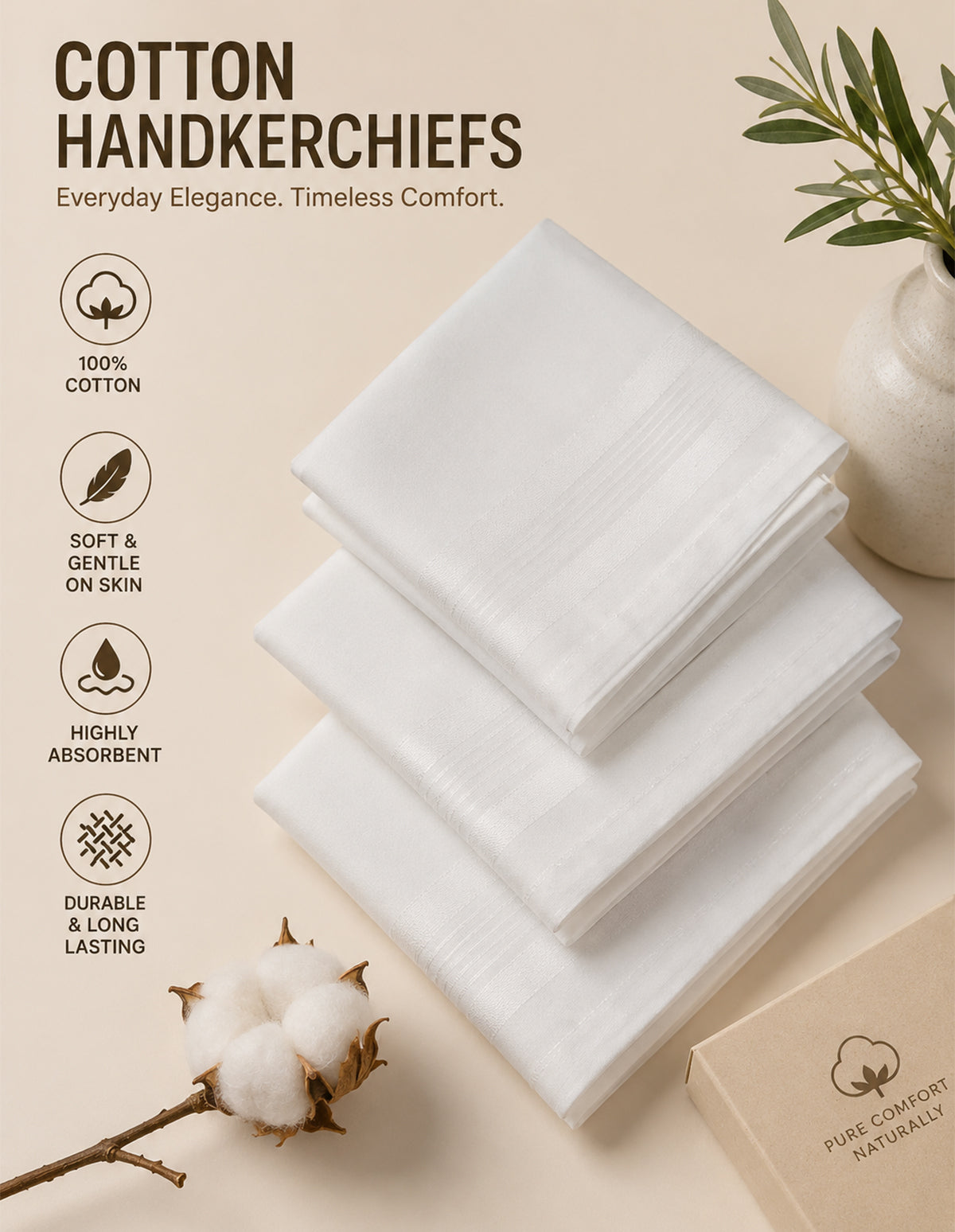 BodyX Cotton Handkerchief Collection: White Color Pack of 6 (BXH-02)