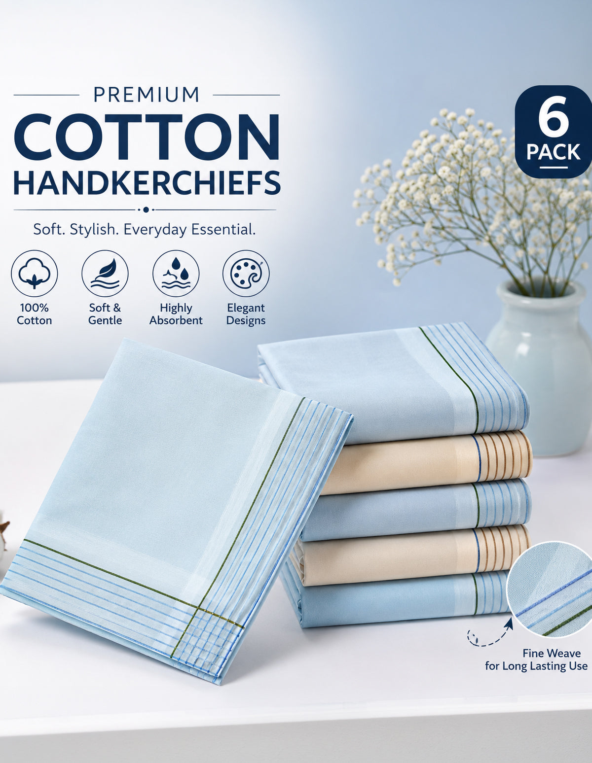 BodyX Cotton Handkerchief Collection: Assorted Color Pack of 6 (BXH-03)