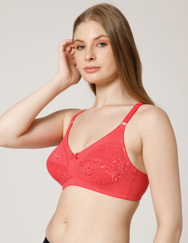 Cotton Net Wirefree Full Coverage Bra for Daily Wear - Coral (#5517CO)