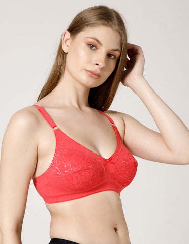 Cotton Net Wirefree Full Coverage Bra for Daily Wear - Coral (#5517CO)
