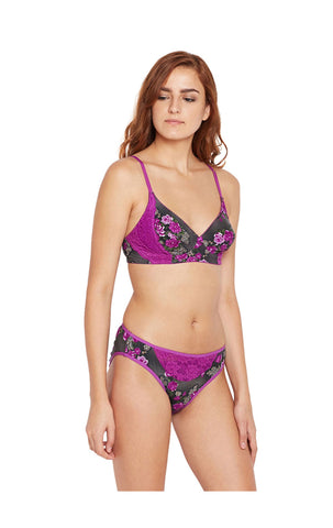 BODYCARE Bridal Purple Bra & Panty Printed Lingerie Set - 6420-PUR