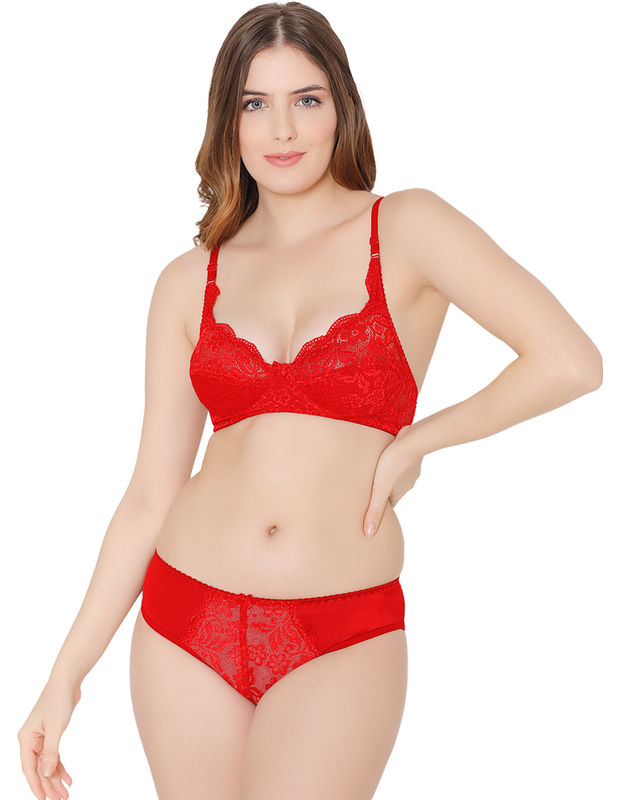 Bodycare women combed cotton printed red bra & panty set-6436RE