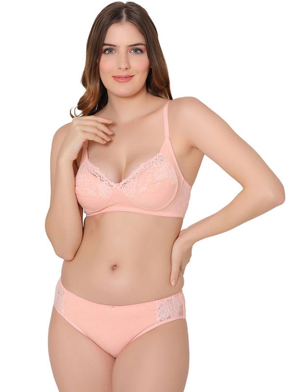 Bodycare women combed cotton embroidered peach bra & panty set-6439PEA