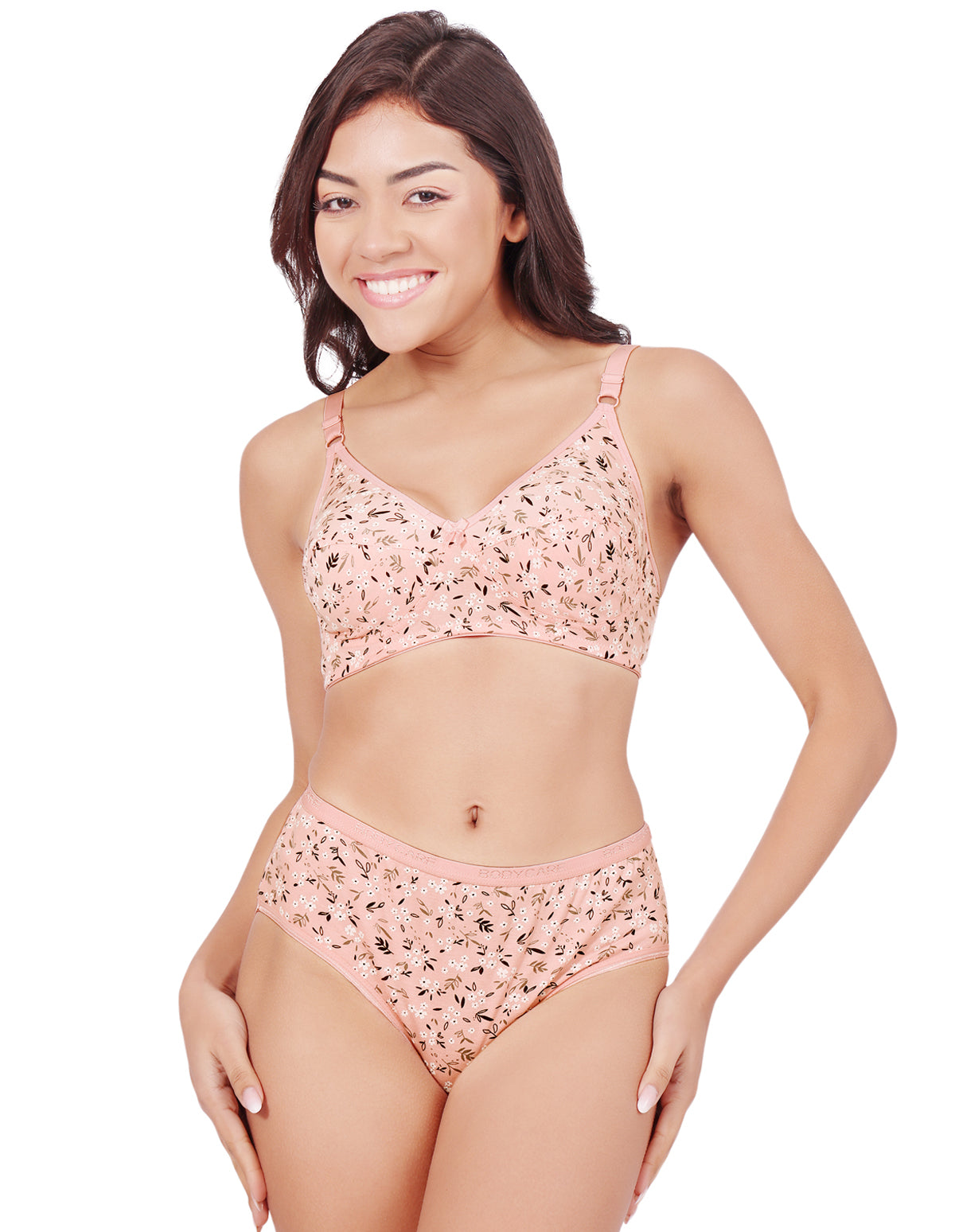 Bodycare Women's Assorted Prints Combed Cotton Bra & Panty Set – Peach (6450F)