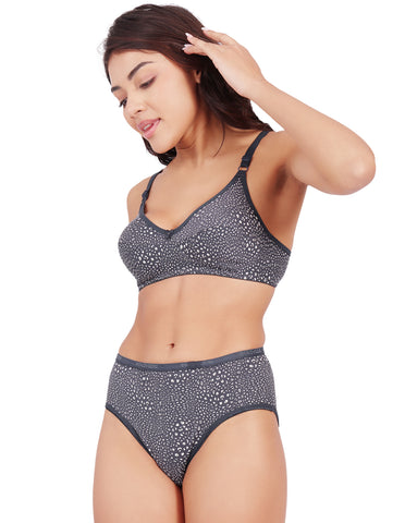 Bodycare Women's Assorted Prints Combed Cotton Bra & Panty Set – Grey (6450G)