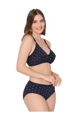 Bodycare women combed cotton printed navy bra & panty set-6455NAV