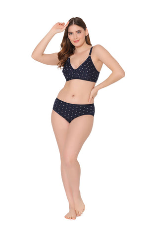 Bodycare women combed cotton printed navy bra & panty set-6455NAV