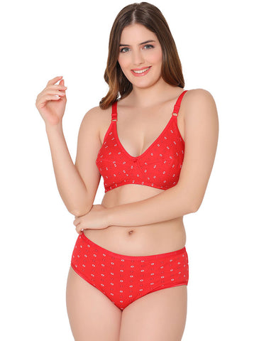 Bodycare women combed cotton printed red bra & panty set-6455RE