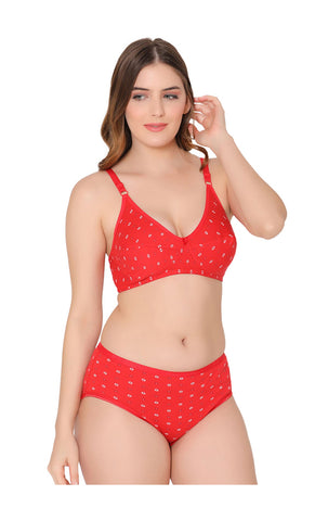 Bodycare women combed cotton printed red bra & panty set-6455RE