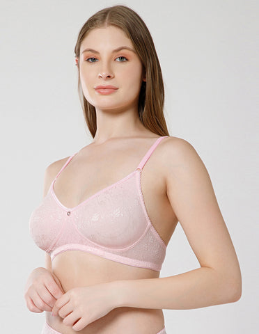 Soft Nylon Net and Spandex Wirefree Full Coverage Bra for All-Day Wear - Pink (#6537PINK)