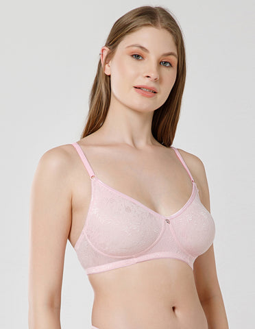 Soft Nylon Net and Spandex Wirefree Full Coverage Bra for All-Day Wear - Pink (#6537PINK)
