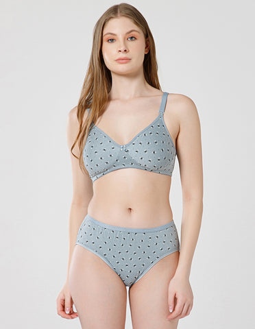 Combed Cotton Floral Print Bridal Lingerie Set with Mid-Rise Fit – Grey (#6550Gry)