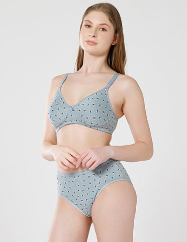 Combed Cotton Floral Print Bridal Lingerie Set with Mid-Rise Fit – Grey (#6550Gry)