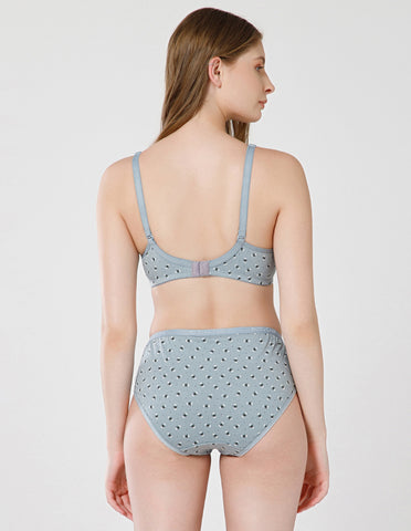 Combed Cotton Floral Print Bridal Lingerie Set with Mid-Rise Fit – Grey (#6550Gry)