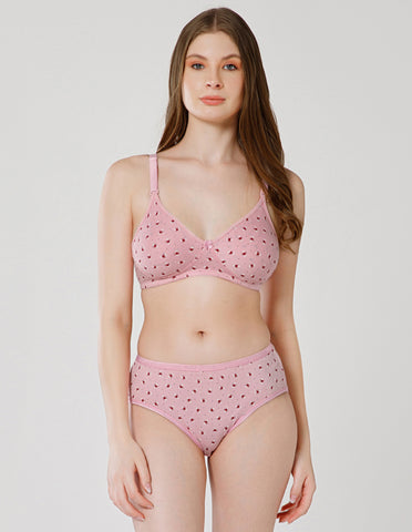 Combed Cotton Floral Print Bridal Lingerie Set with Mid-Rise Fit – Pink (#6550Pi)