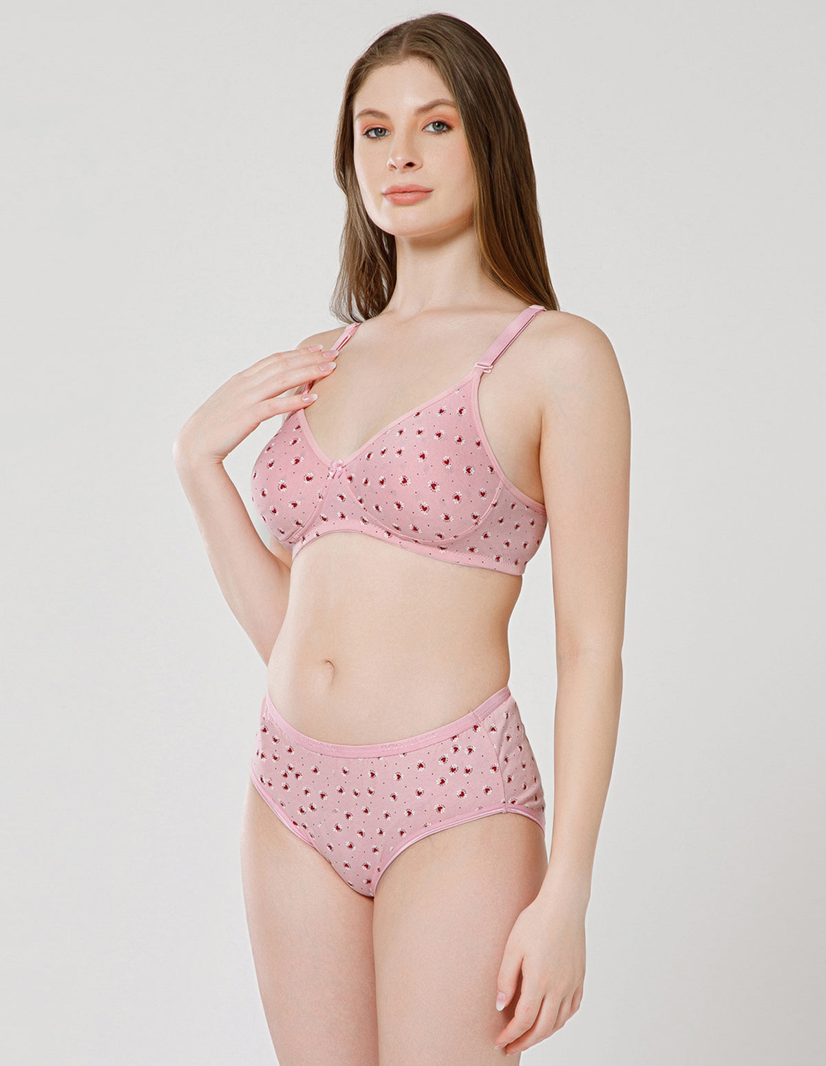 Combed Cotton Floral Print Bridal Lingerie Set with Mid-Rise Fit – Pink (#6550Pi)