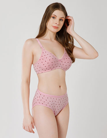 Combed Cotton Floral Print Bridal Lingerie Set with Mid-Rise Fit – Pink (#6550Pi)