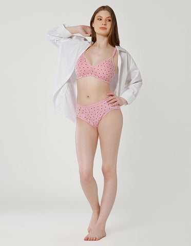 Combed Cotton Floral Print Bridal Lingerie Set with Mid-Rise Fit – Pink (#6550Pi)