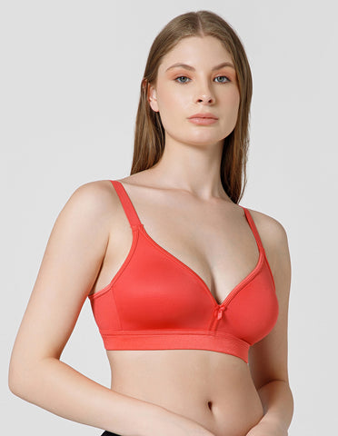 Basic Comfort Cotton Wirefree Full Coverage Bra for Daily Wear - Coral (#6589COR)