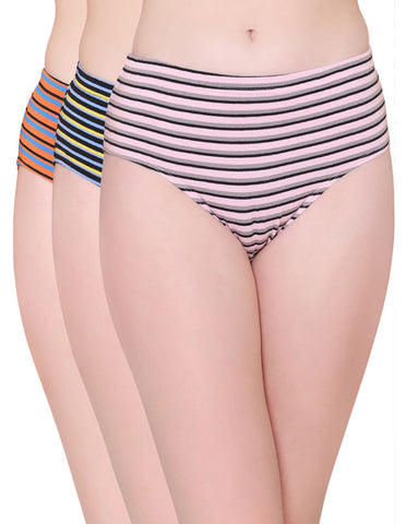 Bodycare Womens Cotton Spandex Assorted Striped High Cut Briefs-Pack of 3 (E-8702-3Pcs)