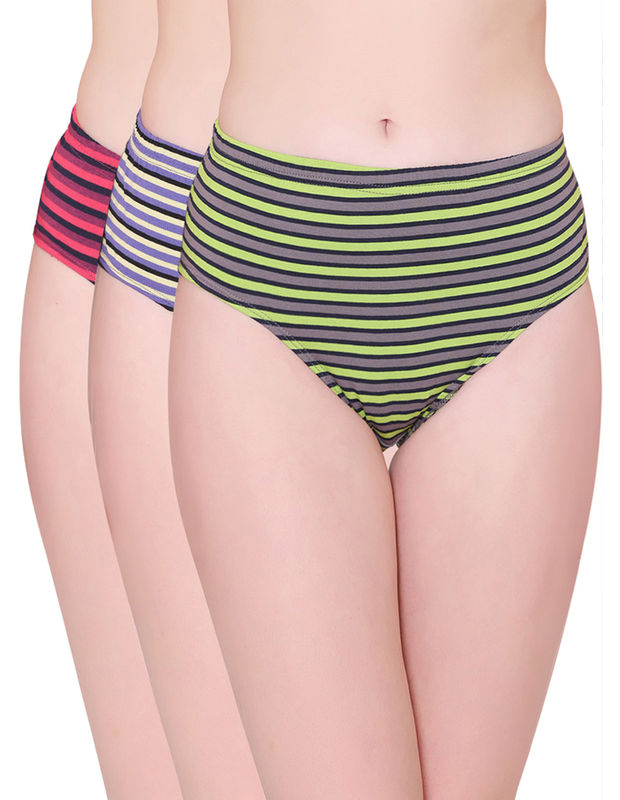 Bodycare Womens Cotton Spandex Assorted Striped High Cut Briefs-Pack of 3 (E-8704-3Pcs)