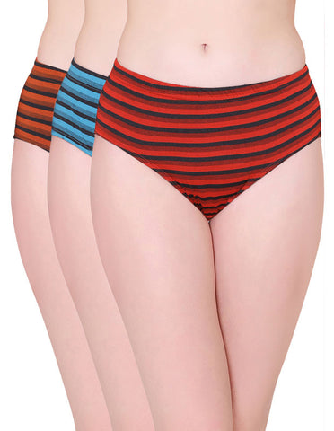 Bodycare Womens Cotton Spandex Assorted Striped High Cut Briefs-Pack of 3 (E-8709-3Pcs)