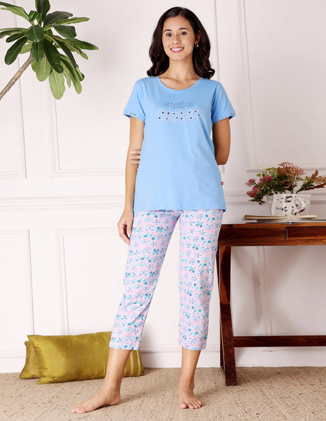 Bodycare Women’s Blue & Pink Printed T-Shirt & Capri Co-ord Set for Everyday Wear-BSCS16001