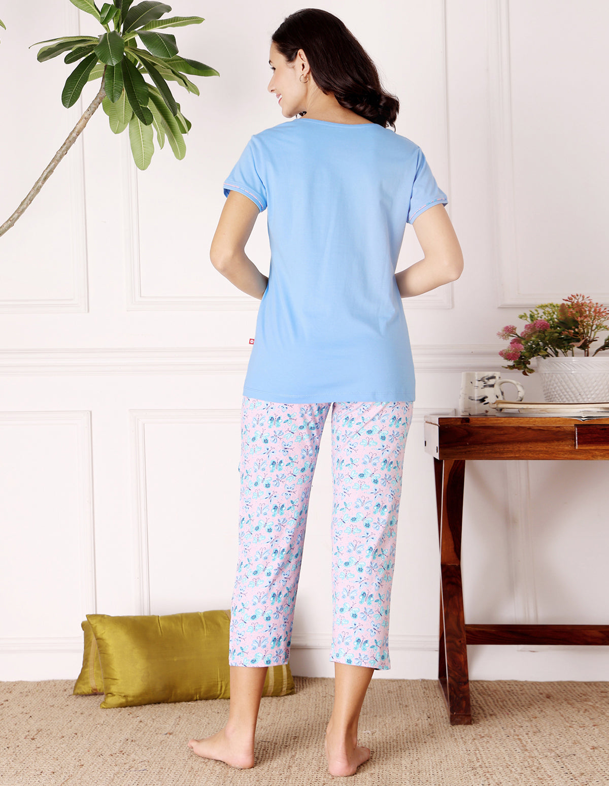 Bodycare Women’s Blue & Pink Printed T-Shirt & Capri Co-ord Set for Everyday Wear-BSCS16001