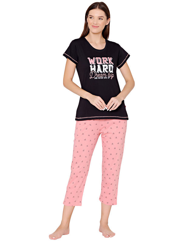 Bodycare Womens Combed Cotton Printed Tshirt & Capri Set-BSCS16006