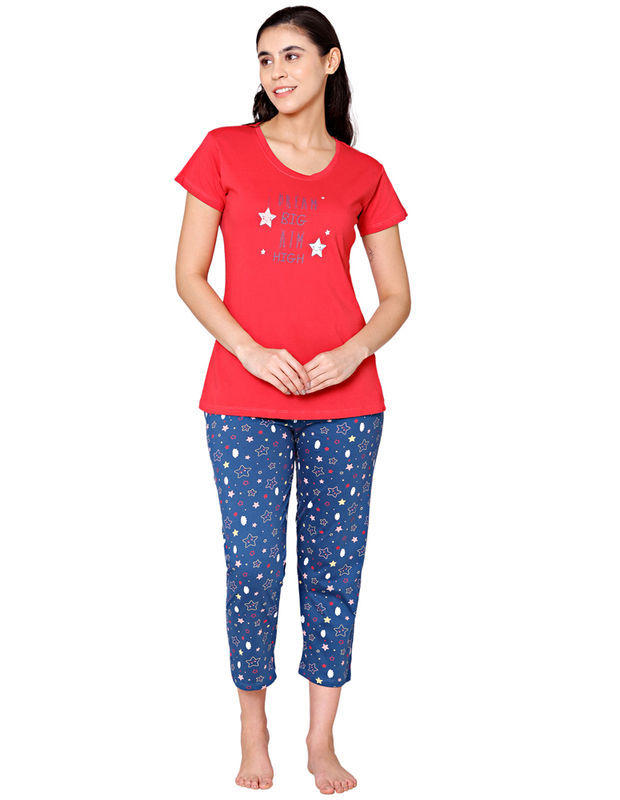 Bodycare Womens Combed Cotton Printed Tshirt & Capri Set-BSCS16009