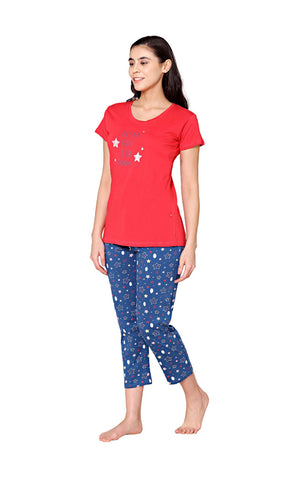 Bodycare Womens Combed Cotton Printed Tshirt & Capri Set-BSCS16009