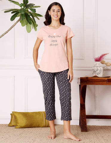 Bodycare Women’s Peach & Black Printed T-Shirt & Capri Co-ord Set for Everyday Wear-BSCS16012
