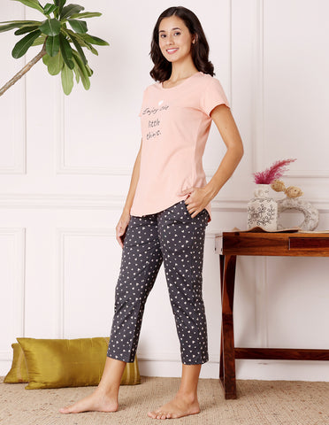 Bodycare Women’s Peach & Black Printed T-Shirt & Capri Co-ord Set for Everyday Wear-BSCS16012