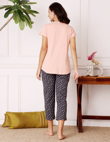 Bodycare Women’s Peach & Black Printed T-Shirt & Capri Co-ord Set for Everyday Wear-BSCS16012