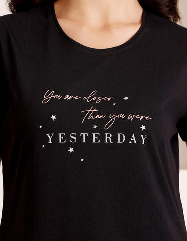 Bodycare Women’s Black & Peach Printed T-Shirt & Capri Co-ord Set for Everyday Wear-BSCS16016