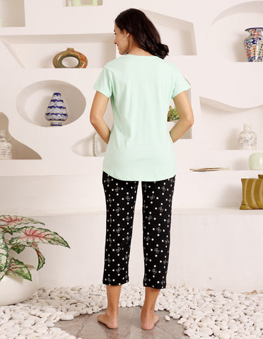 Bodycare Women’s Green & Black Printed T-Shirt & Capri Co-ord Set for Everyday Wear-BSCS16018