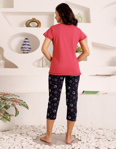 Bodycare Women’s Red & Black Printed T-Shirt & Capri Co-ord Set for Everyday Wear-BSCS16020