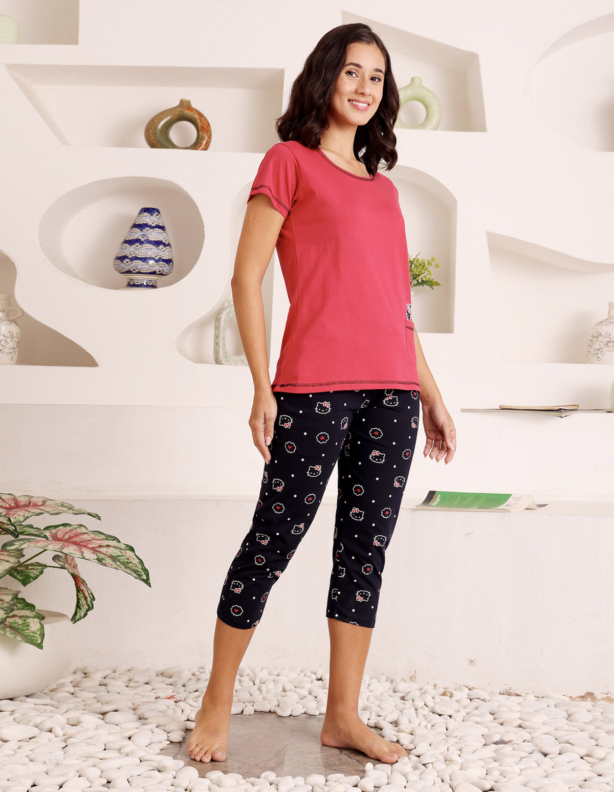Bodycare Women’s Red & Black Printed T-Shirt & Capri Co-ord Set for Everyday Wear-BSCS16020