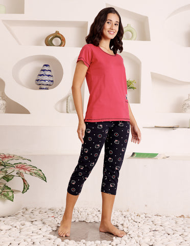 Bodycare Women’s Red & Black Printed T-Shirt & Capri Co-ord Set for Everyday Wear-BSCS16020