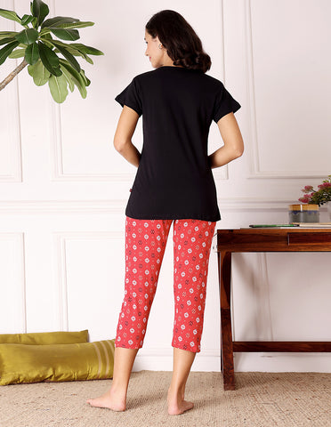 Bodycare Women’s Black & Red Printed T-Shirt & Capri Co-ord Set for Everyday Wear-BSCS16022