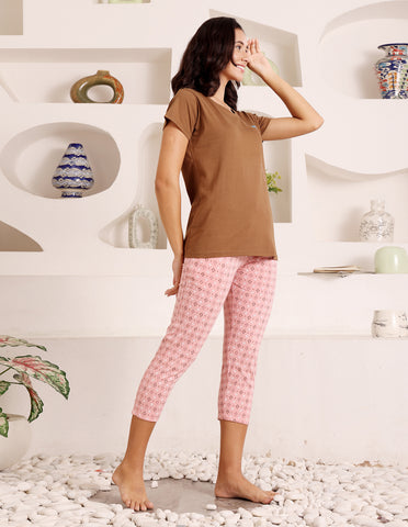 Bodycare Women’s Brown & Pink Printed T-Shirt & Capri Co-ord Set for Everyday Wear-BSCS16023